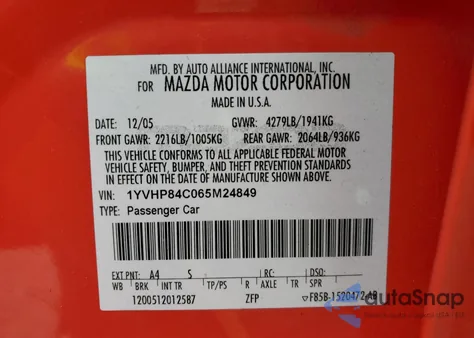 2006 Mazda 6 I из США, поврежденный, VIN 1YVHP84C065M24849